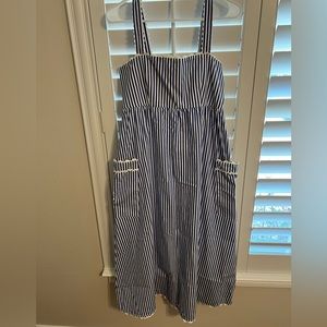 Tuckernuck blue and white vertical striped midi dress. Scallop detail